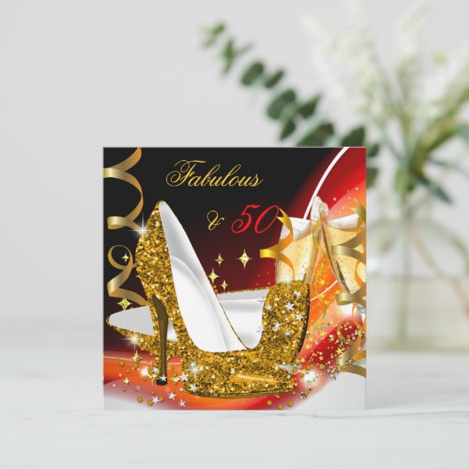 Fabulous 50 Voman's Red Gold Party Kaart (Staand voorkant)