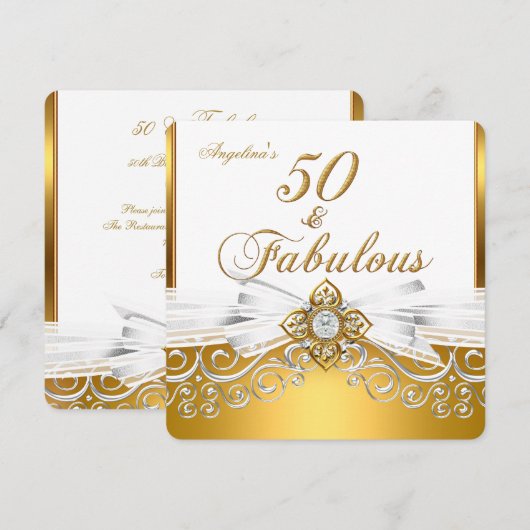 Fabulous 50 White Gold Damask Birthday Party Kaart (Voorkant / Achterkant)