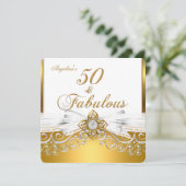 Fabulous 50 White Gold Damask Birthday Party Kaart (Staand voorkant)