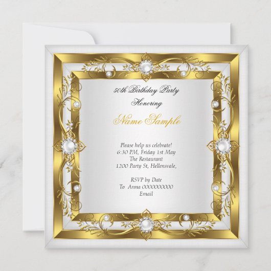 Fabulous 50 White Pearl Floral Gold Party Kaart (Achterkant)