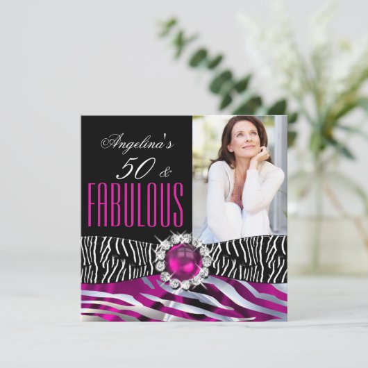 Fabulous 50 Zebra Black Pink Silver Birthday Party Kaart (Staand voorkant)