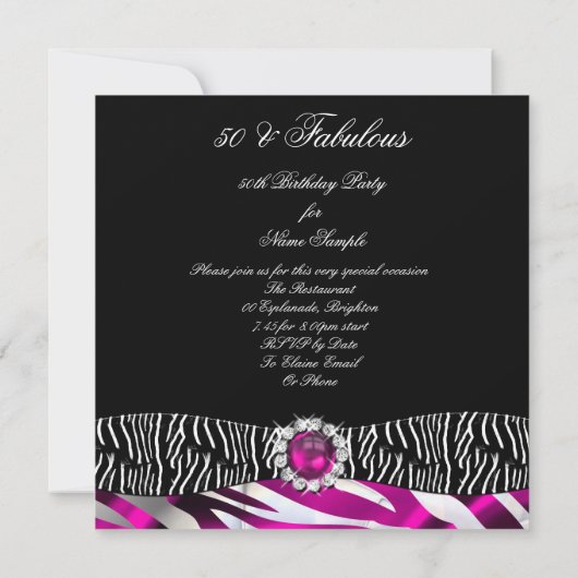 Fabulous 50 Zebra Black Pink Silver Birthday Party Kaart (Achterkant)