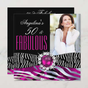 Fabulous 50 Zebra Black Pink Silver Birthday Party Kaart