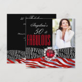 Fabulous 50 Zebra Black Red Silver Birthday Party Kaart (Voorkant / Achterkant)