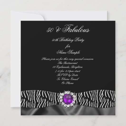 Fabulous 50 Zebra Black Silk Paars Birthday Party Kaart (Achterkant)