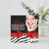 Fabulous 50 Zebra Red Black Foto Birthday Party Kaart (Staand voorkant)