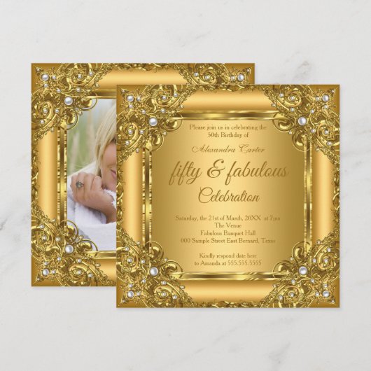 Fabulous 50e foto Gold op Gold Pearl Party Kaart (Voorkant / Achterkant)