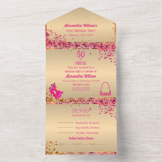 Fabulous 50ste verjaardag hoge hakken goud roze me all in one uitnodiging (Binnen)