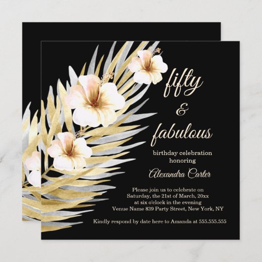 Fabulous 50th Beige White Black Floral Birthday Kaart (Voorkant / Achterkant)