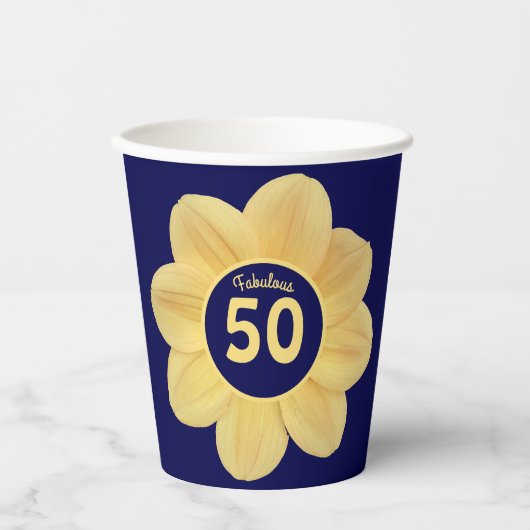 Fabulous 50th Birthday Blue and Yellow Floral Papieren Bekers (Voorkant)
