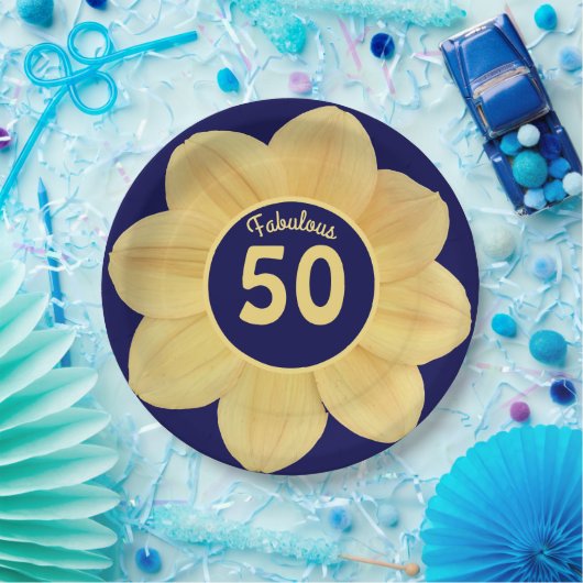 Fabulous 50th Birthday Blue and Yellow Floral Papieren Bordje (Feest)