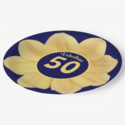 Fabulous 50th Birthday Blue and Yellow Floral Papieren Bordje (Gekanteld)