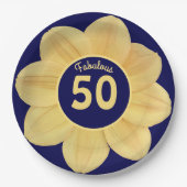 Fabulous 50th Birthday Blue and Yellow Floral Papieren Bordje (Voorkant)