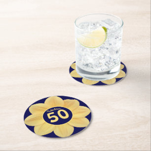 Fabulous 50th Birthday Blue and Yellow Floral Ronde Kartonnen Onderzetter