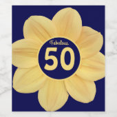 Fabulous 50th Birthday Blue and Yellow Floral Wijn Etiket (Enkel label)