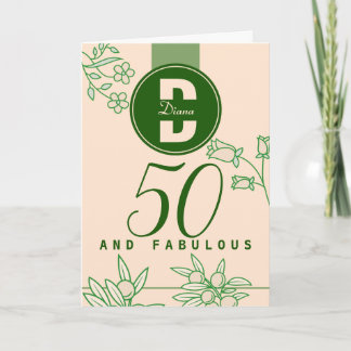 Fabulous 50th Birthday Monogram Floral Green&Beige Kaart