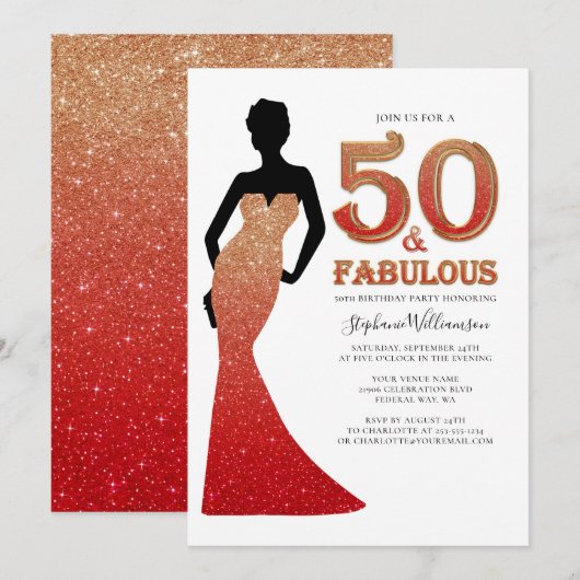 Fabulous 50th Birthday Ombre Glitter Gown Invitati Kaart (Voorkant / Achterkant)