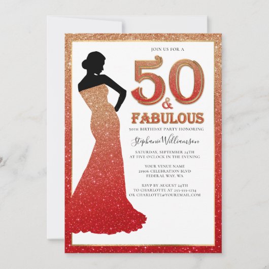 Fabulous 50th Birthday Ombre Glitter Gown Invitati Kaart (Voorkant)