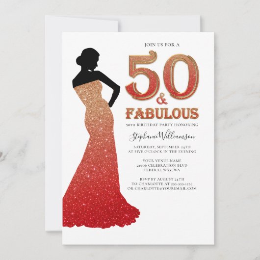 Fabulous 50th Birthday Ombre Glitter Gown Invitati Kaart (Voorkant)