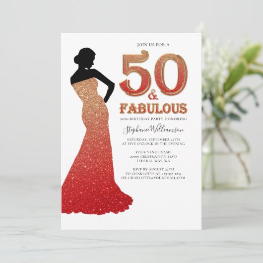 Fabulous 50th Birthday Ombre Glitter Gown Invitati Kaart (Staand voorkant)