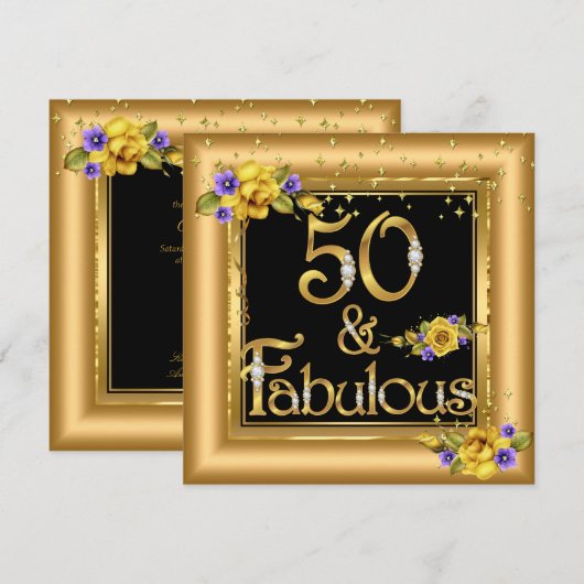 Fabulous 50th Birthday Party Gold Black Yellow Kaart (Voorkant / Achterkant)