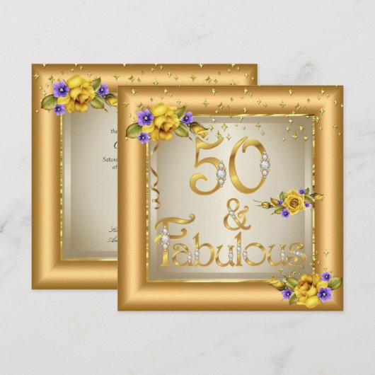 Fabulous 50th Birthday Party Gold Yellow Flower Kaart (Voorkant / Achterkant)