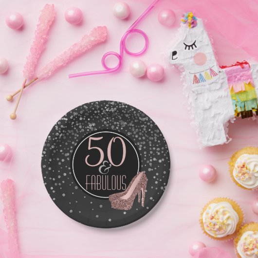 Fabulous 50th Birthday Party | Zwarte zilverroze Papieren Bordje (Feest)