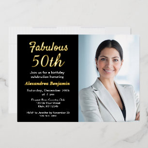 Fabulous 50th Birthday Photo Black Gold Folie Uitnodiging