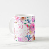 Fabulous 50th Birthday Pink Paarse Rozen Peonies Koffiemok (Voorkant links)