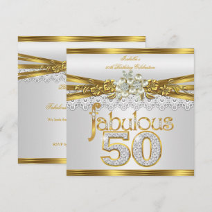 Fabulous 50th Birthday White Pearl Gold Lace Kaart