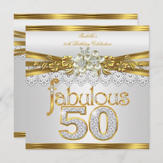 Fabulous 50th Birthday White Pearl Gold Lace Kaart (Voorkant / Achterkant)