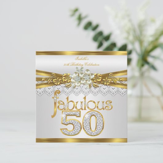 Fabulous 50th Birthday White Pearl Gold Lace Kaart (Staand voorkant)