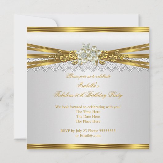 Fabulous 50th Birthday White Pearl Gold Lace Kaart (Achterkant)