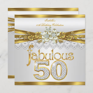 Fabulous 50th Birthday White Pearl Gold Lace Kaart