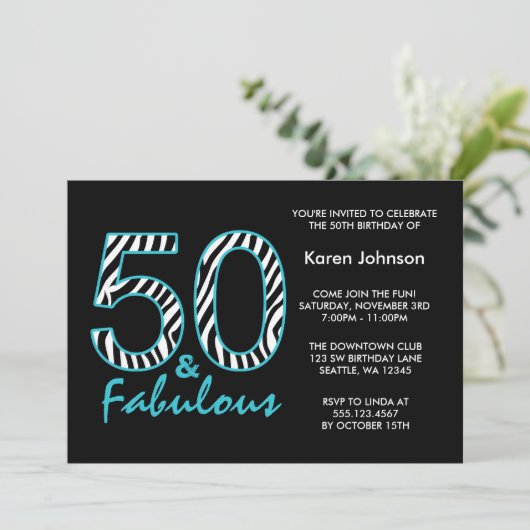 Fabulous 50th Black and Blauwgroen Zebra Birthday Kaart (Staand voorkant)