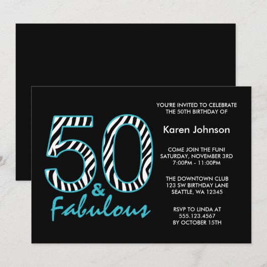 Fabulous 50th Black and Blauwgroen Zebra Birthday Kaart (Voorkant / Achterkant)