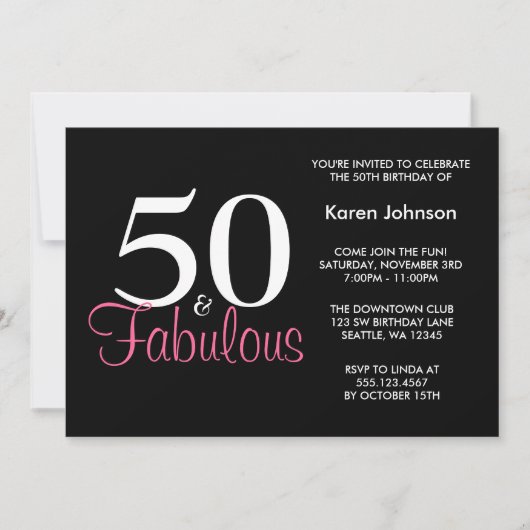 Fabulous 50th Black and Pink Birthday Invitation Kaart (Voorkant)