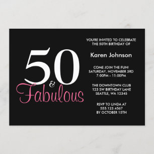 Fabulous 50th Black and Pink Birthday Invitation Kaart