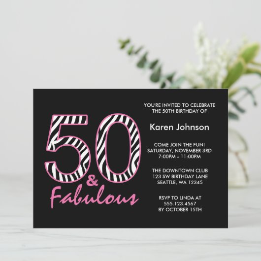 Fabulous 50th Black and Pink Zebra Birthday Kaart (Staand voorkant)