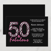 Fabulous 50th Black and Pink Zebra Birthday Kaart (Voorkant / Achterkant)