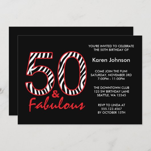 Fabulous 50th Black and Red Zebra Birthday Kaart (Voorkant / Achterkant)