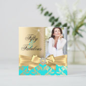 Fabulous 50th Blauwgroen Gold Leaf & Bow 50th Birt Kaart (Staand voorkant)