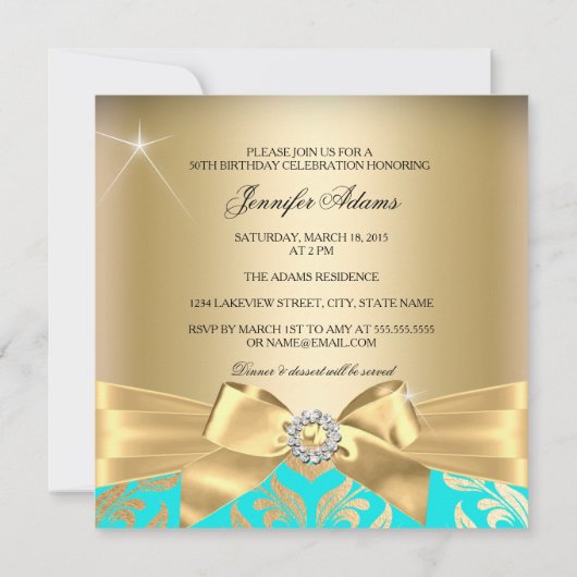 Fabulous 50th Blauwgroen Gold Leaf & Bow 50th Birt Kaart (Achterkant)