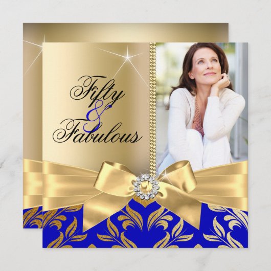 Fabulous 50th Blue Gold Leaf & Bow 50th Birthday Kaart (Voorkant / Achterkant)