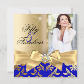 Fabulous 50th Blue Gold Leaf & Bow 50th Birthday Kaart (Voorkant)