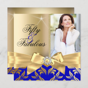 Fabulous 50th Blue Gold Leaf & Bow 50th Birthday Kaart