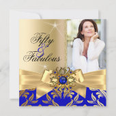 Fabulous 50th Blue Pearl Gold Leaf Bow Birthday Kaart (Voorkant)