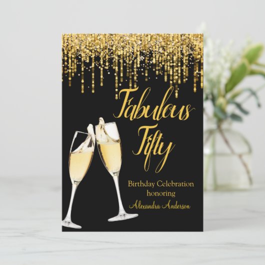 Fabulous 50th day Glitter Gold Champagne Kaart (Staand voorkant)