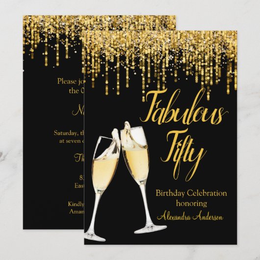 Fabulous 50th day Glitter Gold Champagne Kaart (Voorkant / Achterkant)