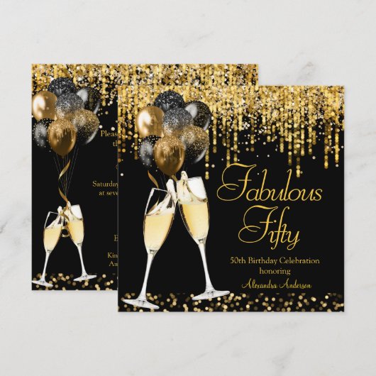 Fabulous 50th day Glitter Gold Champagne SQ Kaart (Voorkant / Achterkant)